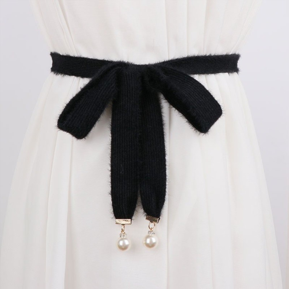 Women Knitted Beaded Belt Waistband Tie Ribbon Strap for Sweater Jumper Cardigan