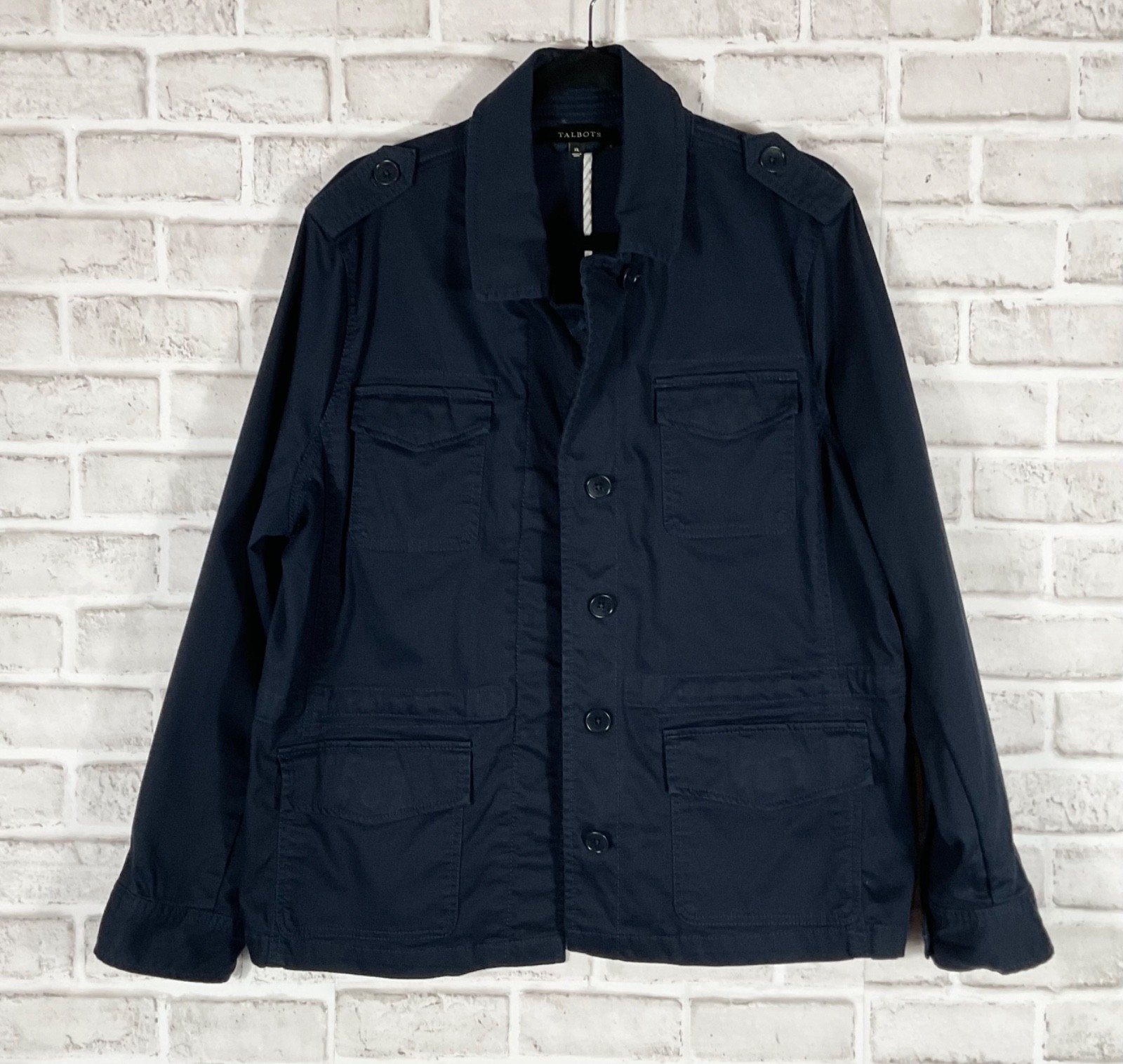 Talbots Jacket Womens Sz XL Navy Blue Utility Safari Button Pockets Long Sleeves