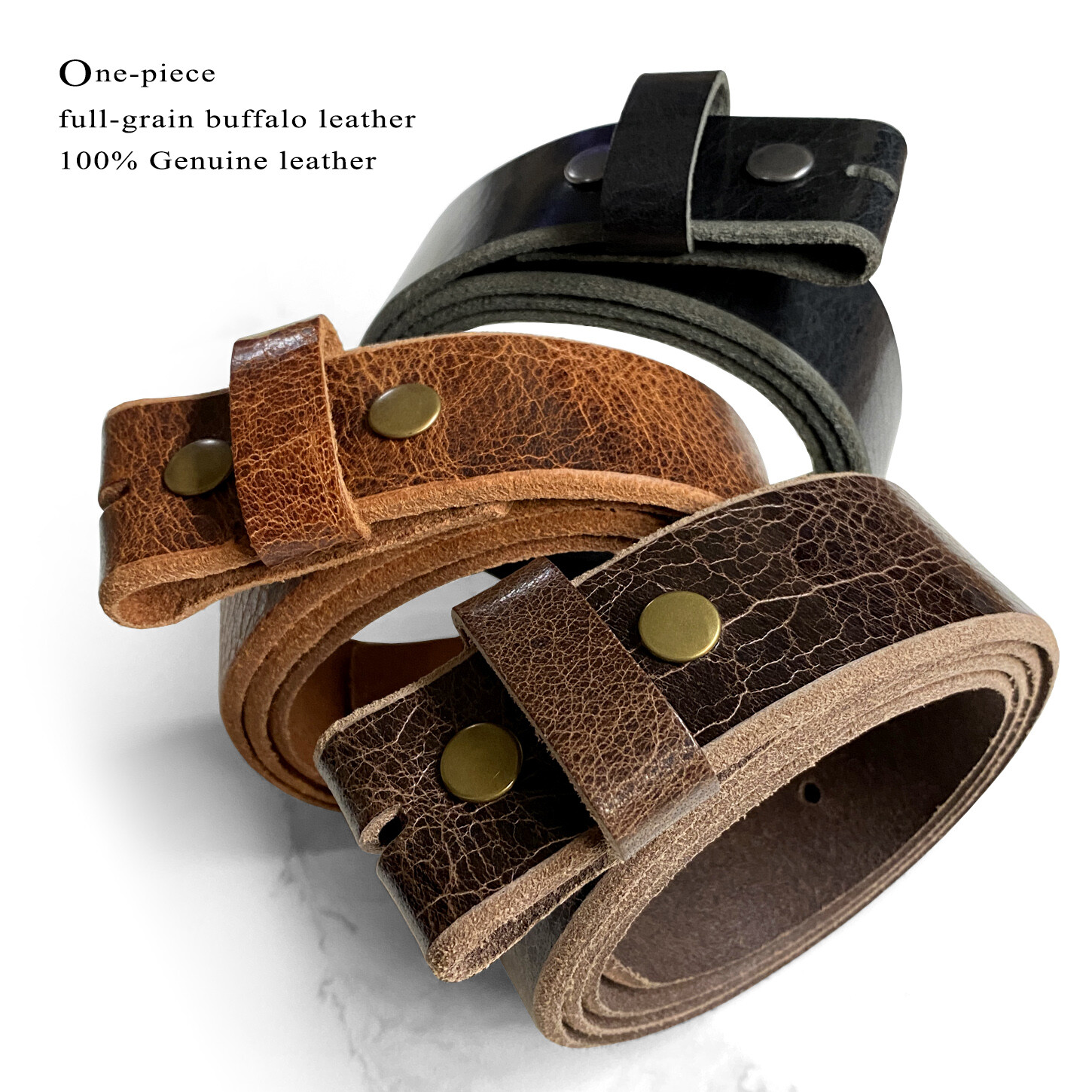 BELT STRAP SNAP ON FULL GRAIN ONE PIECE LEATHER UNISEX BELT-BLACK, BROWN, OR TAN