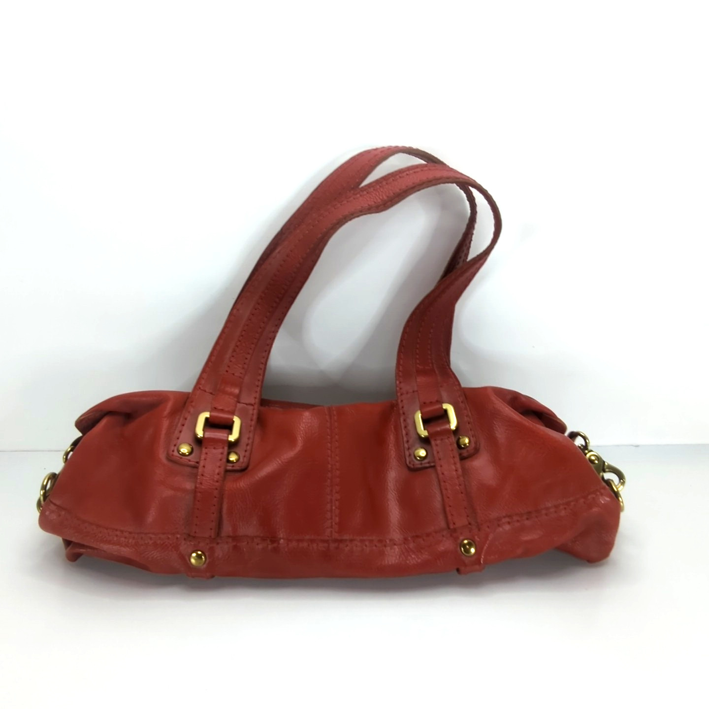 Fossil Fifty Four Handbag Double Handle Red/Tan Gold Tone Hardware 9″H Used