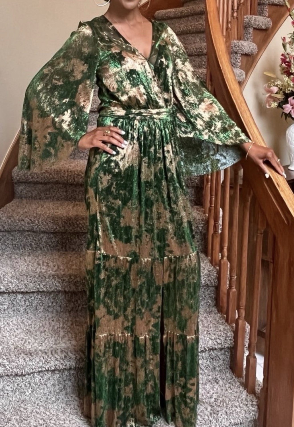 BA&SH Vert Green Gold Bronze Metallic VIANCA Grecian V-Neck Maxi Dress Sz 2 US8