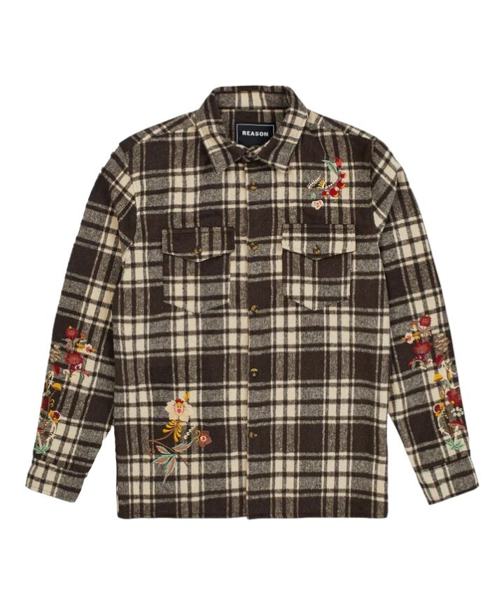 Reason Botanic Embroidered Flannel Overshirt Button Up Brown Men’s Size Medium