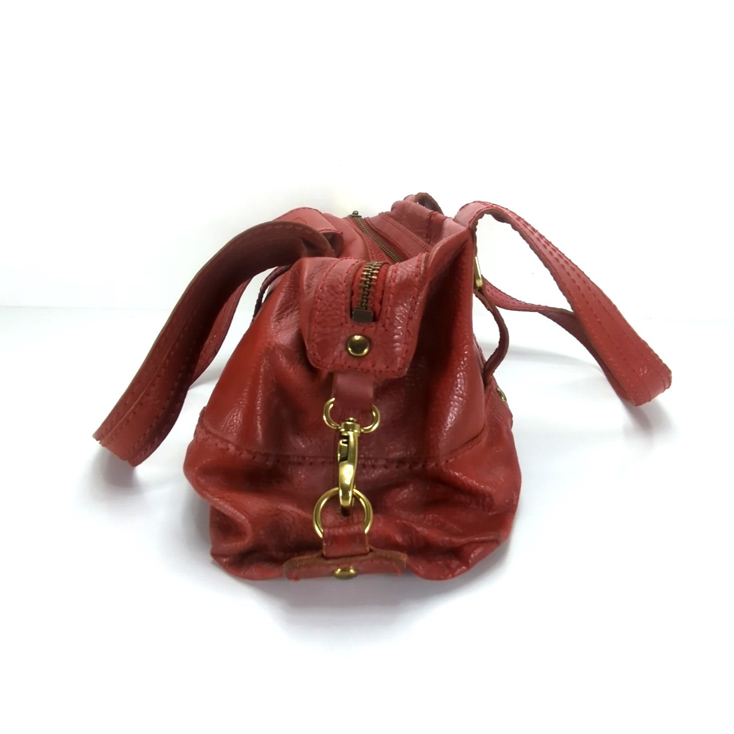 Fossil Fifty Four Handbag Double Handle Red/Tan Gold Tone Hardware 9″H Used