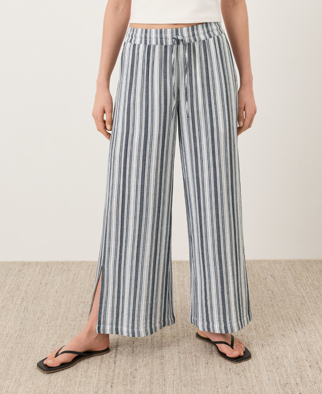 PACT Organic Coastal Double Gauze Split Hem Pant – Coastal Stripe Navy Blue (NEW