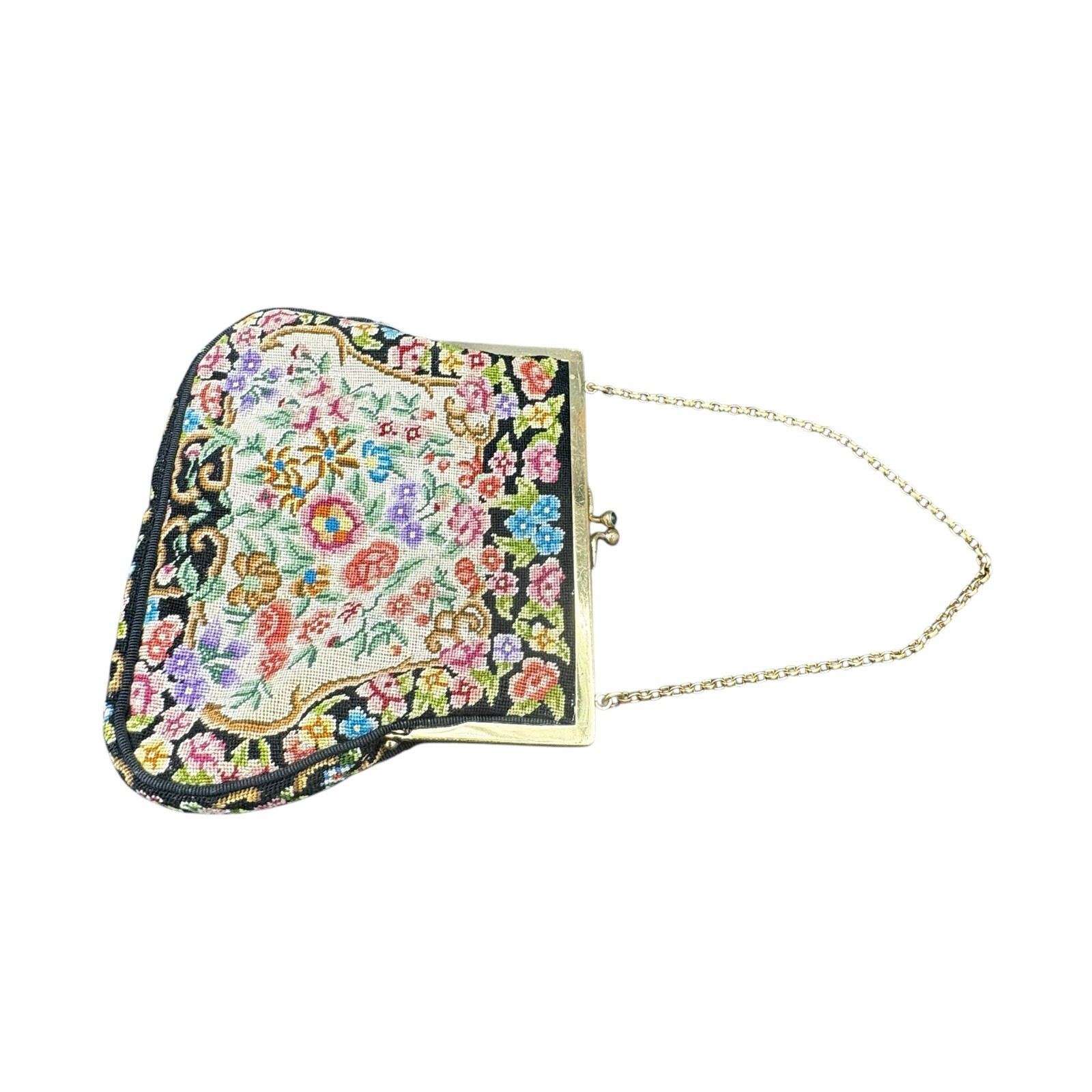 Petit Point Tapestry Needlepoint Bag Purse Delicately Detailed Rhinestone EUC