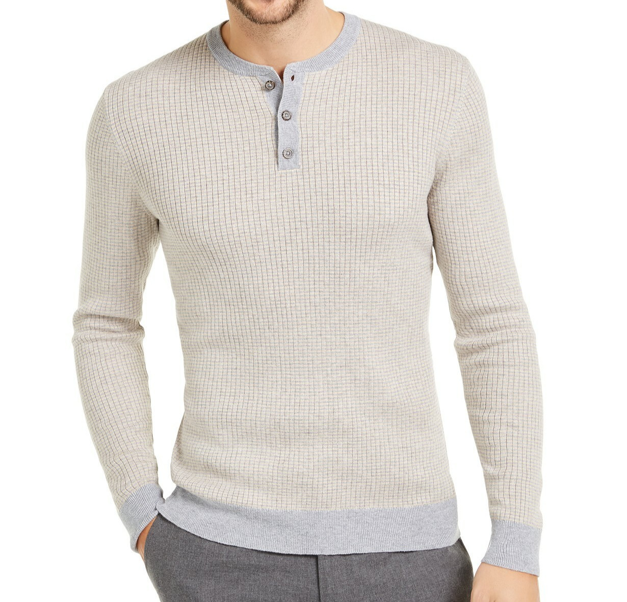 Tasso Elba Men’s Luxe Striped Long-Sleeve Henley Shirt, Taupe Combo, XXL