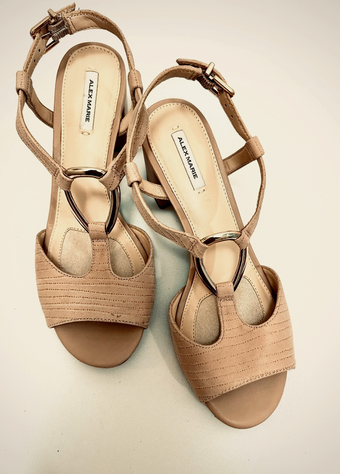 Alex Marie Tan Suede Slingback Sandals 2″ Heel Buckle Strap Open Toe Size 8.5M