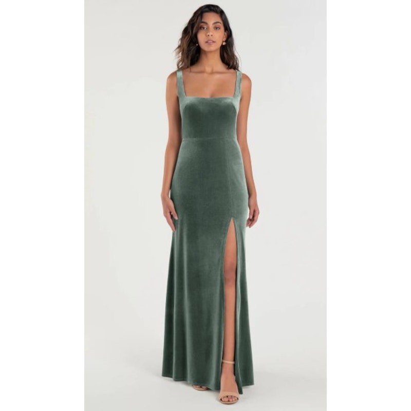 NEW JENNY YOO Mara Dress Dark Eucalyptus Stretch Velvet Bridesmaid Gown Size 10