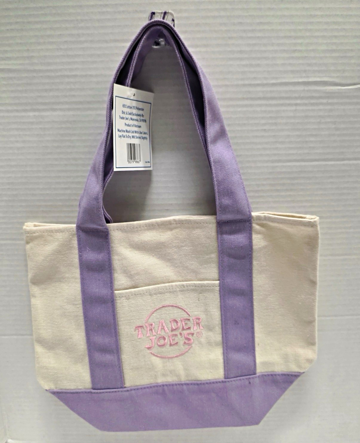 Trader Joe’s Embroidered Logo Tote Bag Purple & Beige Double Handles