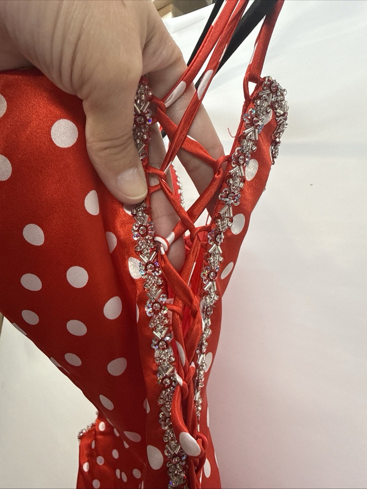 Mori Lee Formal Gown Maxi Dress Sz 13/14 Red White Polka Dot Beaded Sides LaceUp