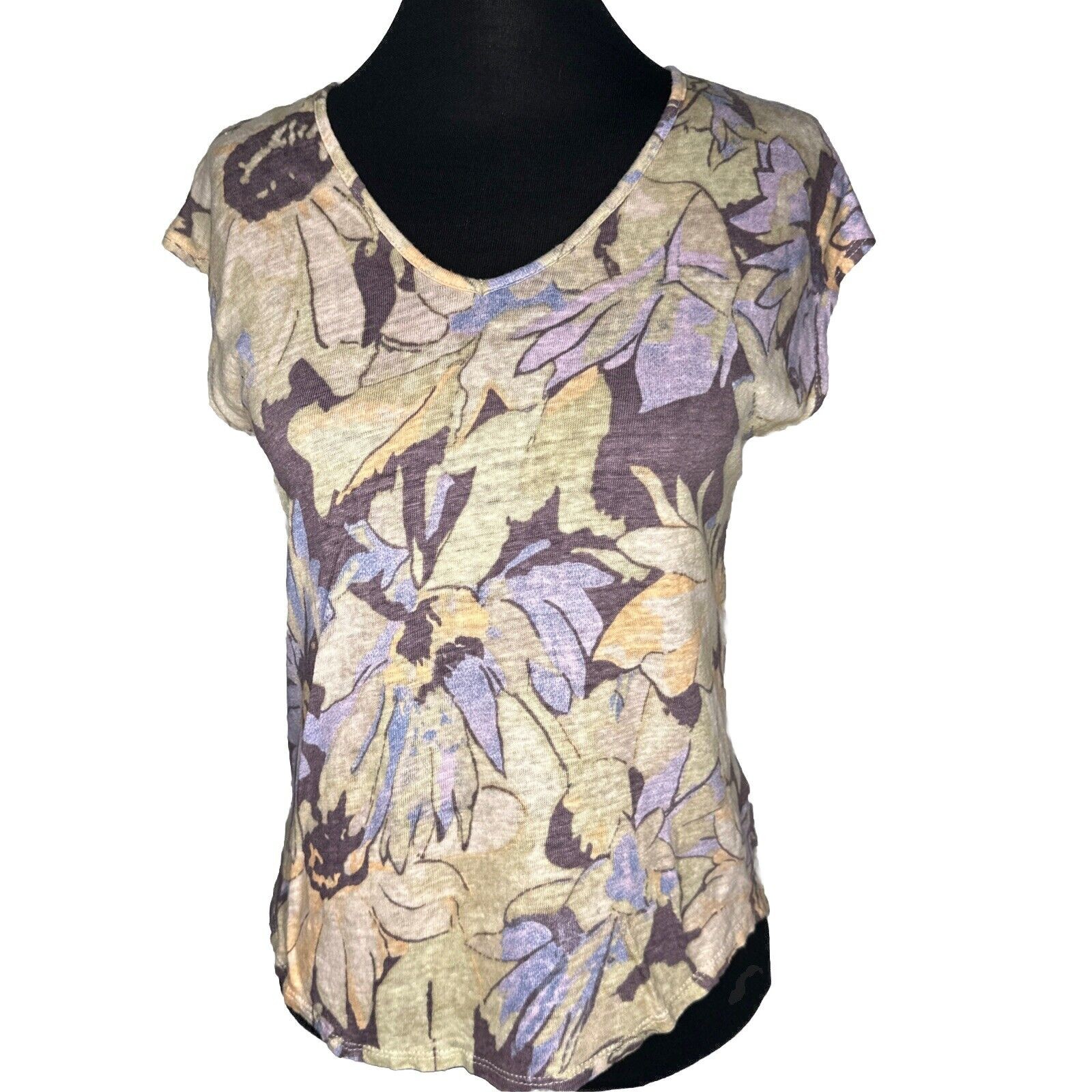 C&C California Womens XS 100% Linen Floral Multicolor Short Sleeve Print Top EUC