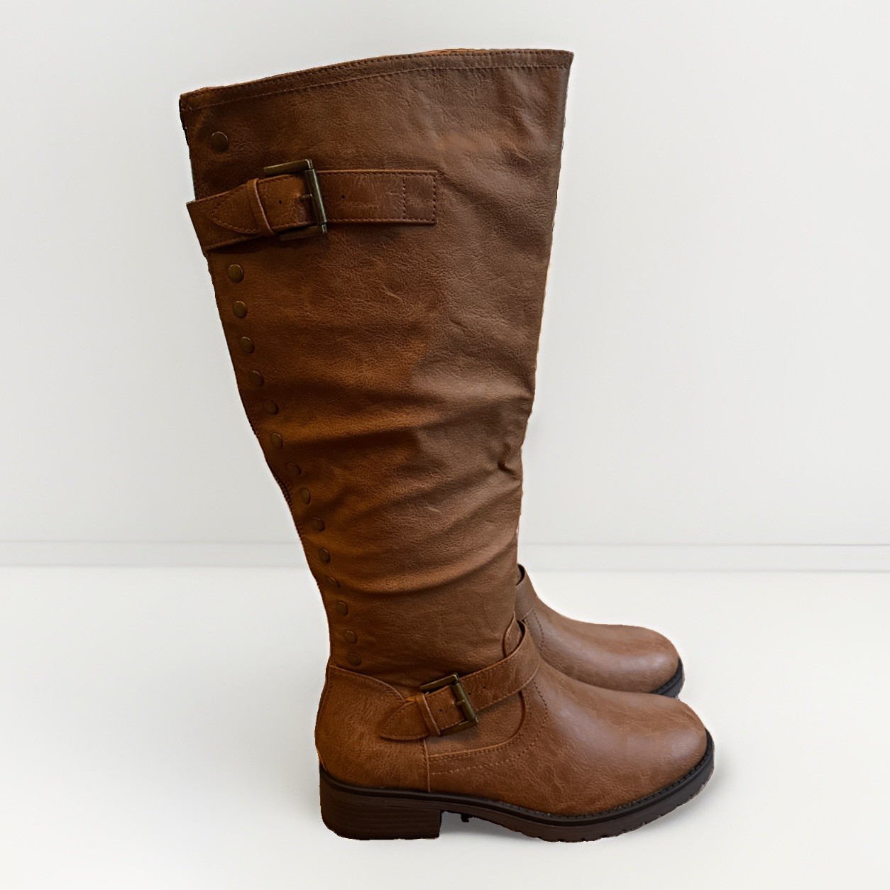 New Centro Point Brown Tall Knee High Riding Boots Zipper Buckle Stiluds Size 8