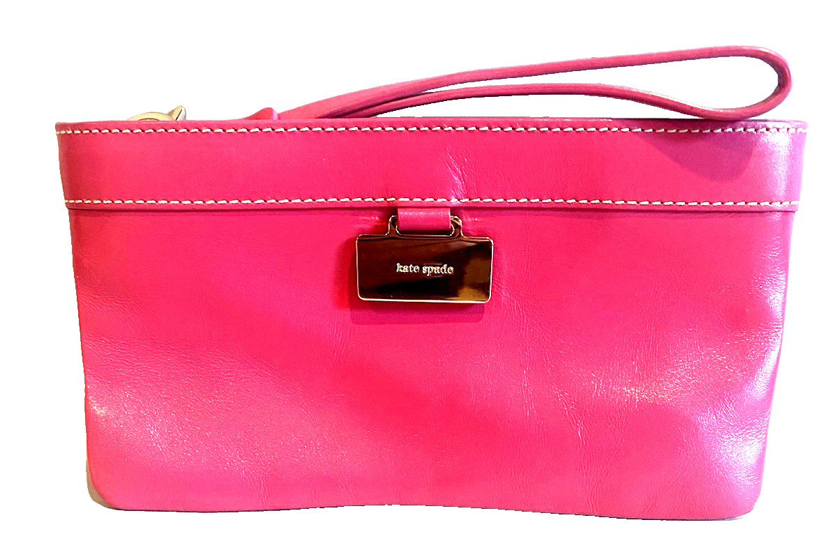 KATE SPADE NY Leather CLUTCH WRISTLET Phone-Bright PINK Cosmetic Bag-PRISTINE!