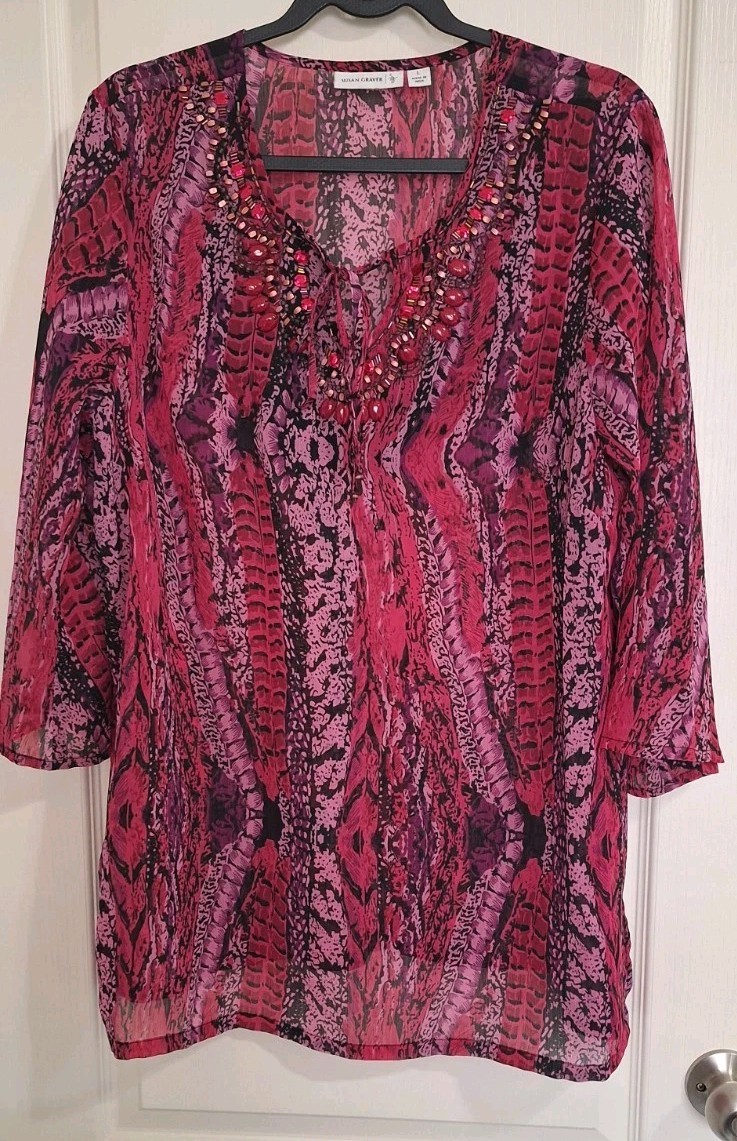Susan Graver Size L Multi Animal Print Beaded V-Neck See-through Tunic Boho