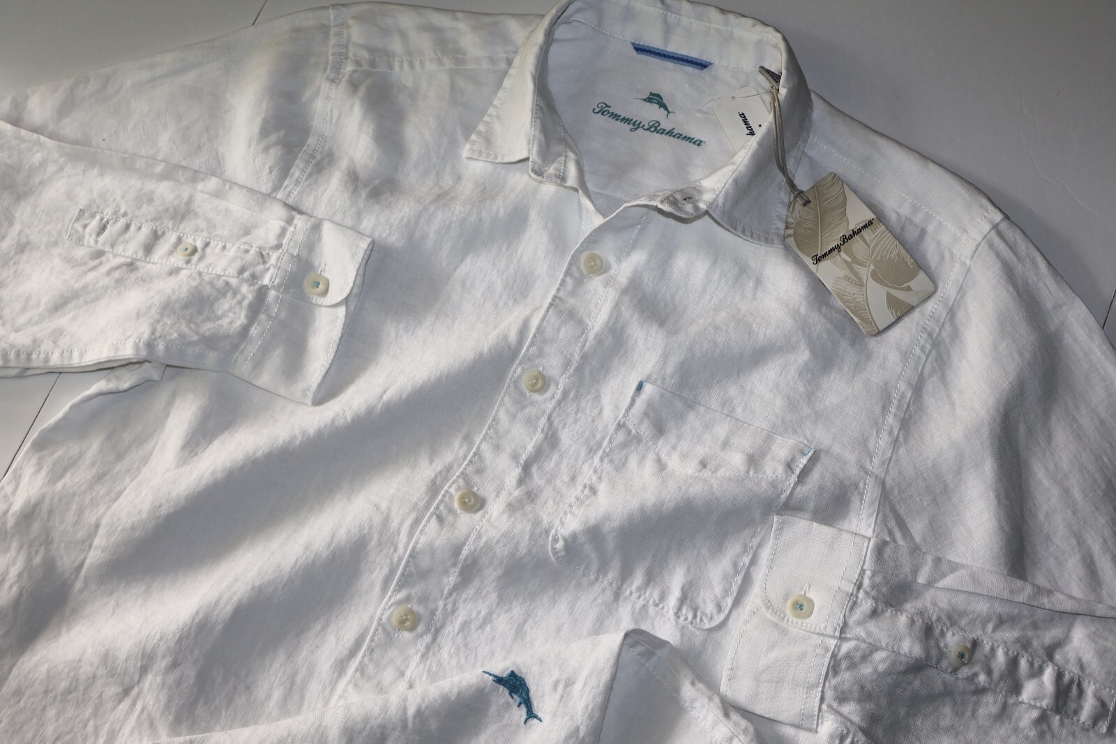 Tommy Bahama Shirt Sea Glass Breezer White Solid Linen New LS Medium M