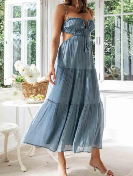 Molasey Tie Up Backless Ruffle Maxi Dress Blue Large Sexy Party Prom Cocktail