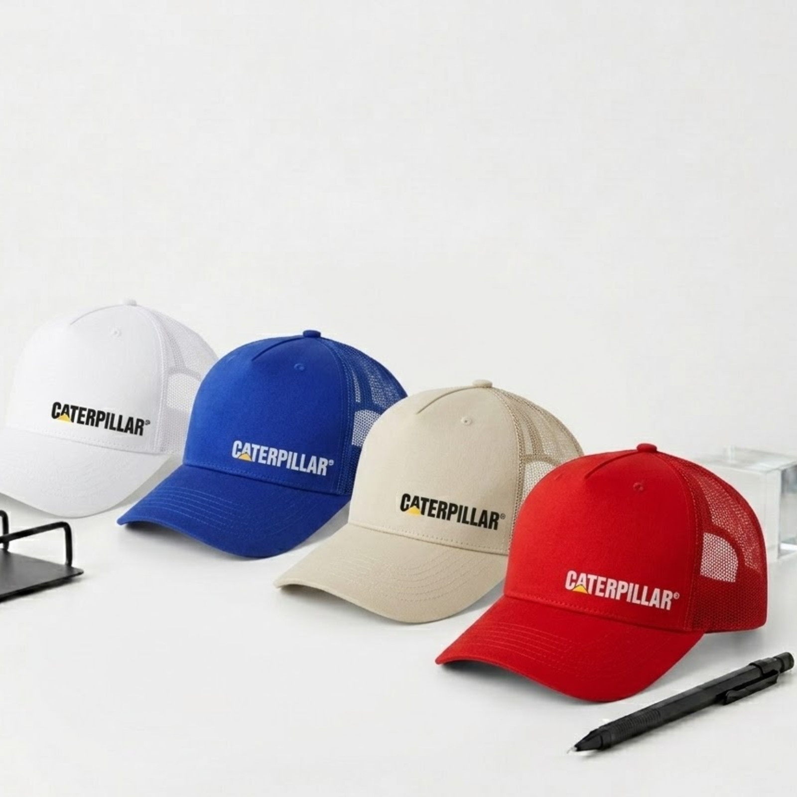 Caterpillar Trucker Hat Side Logo Embroidered Mesh Back Black Snapback Cap