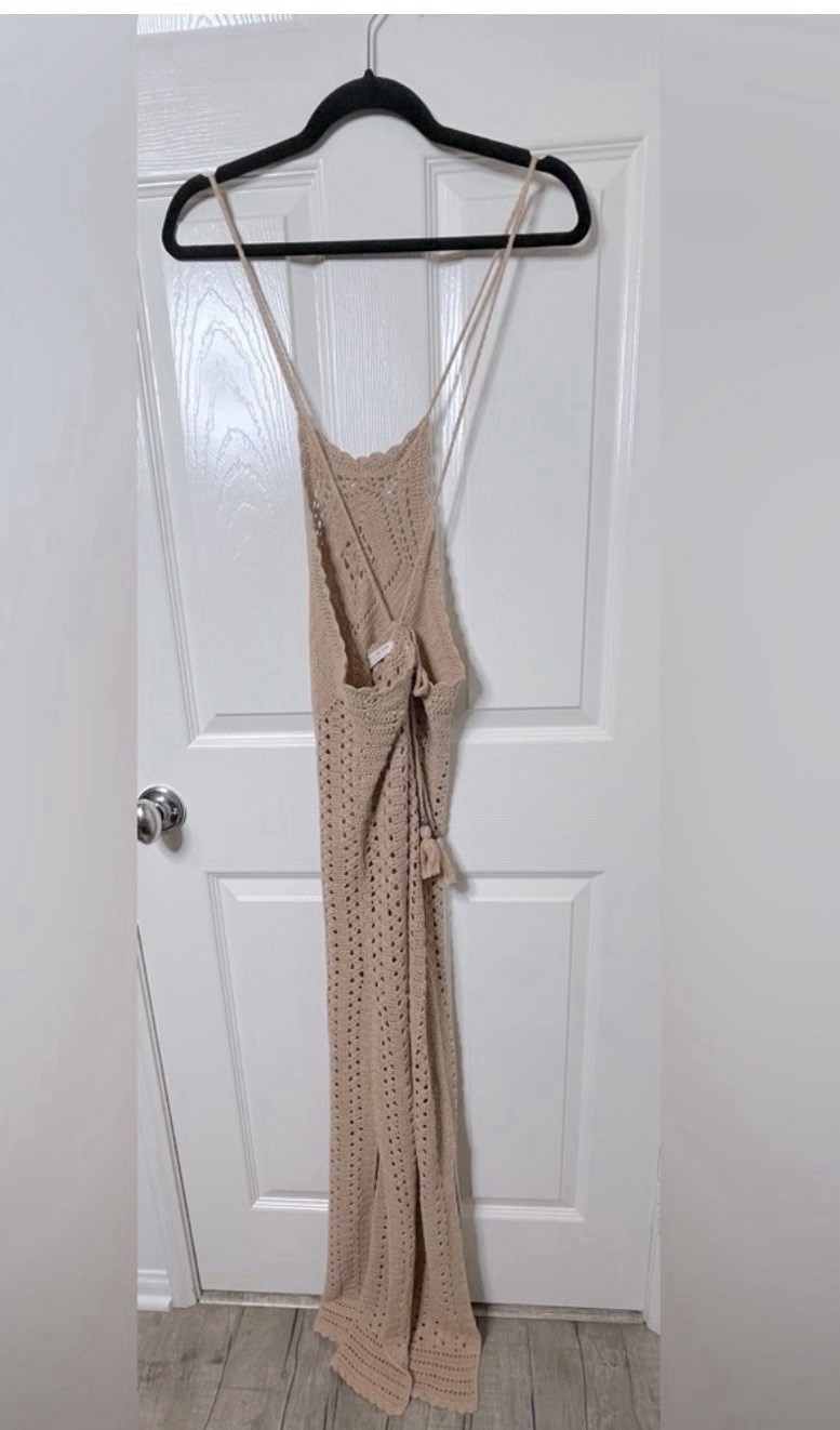 Spell & The Gypsy Collective Beige Crochet Halter Maxi Dress Tassel Open Back M