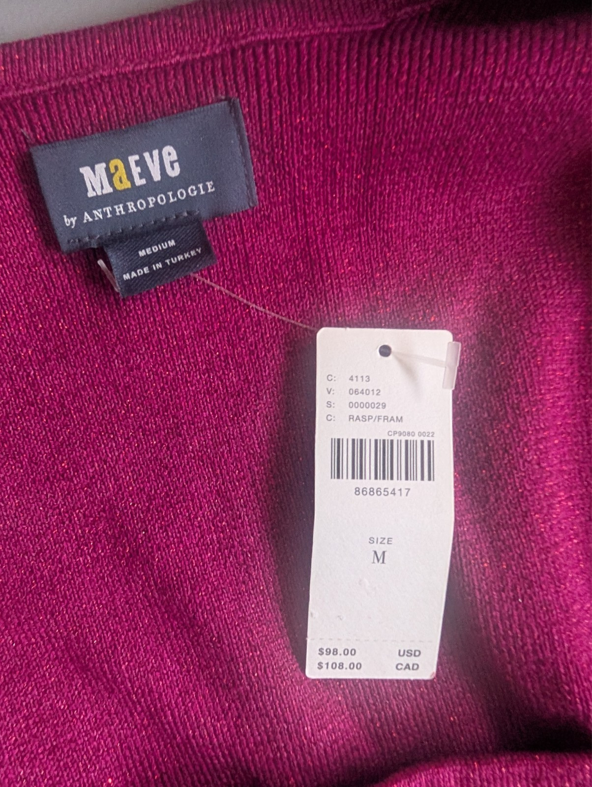 NWT Anthropologie Maeve Square-Neck Bell-Sleeve Sweater Size M Raspberry #B1409