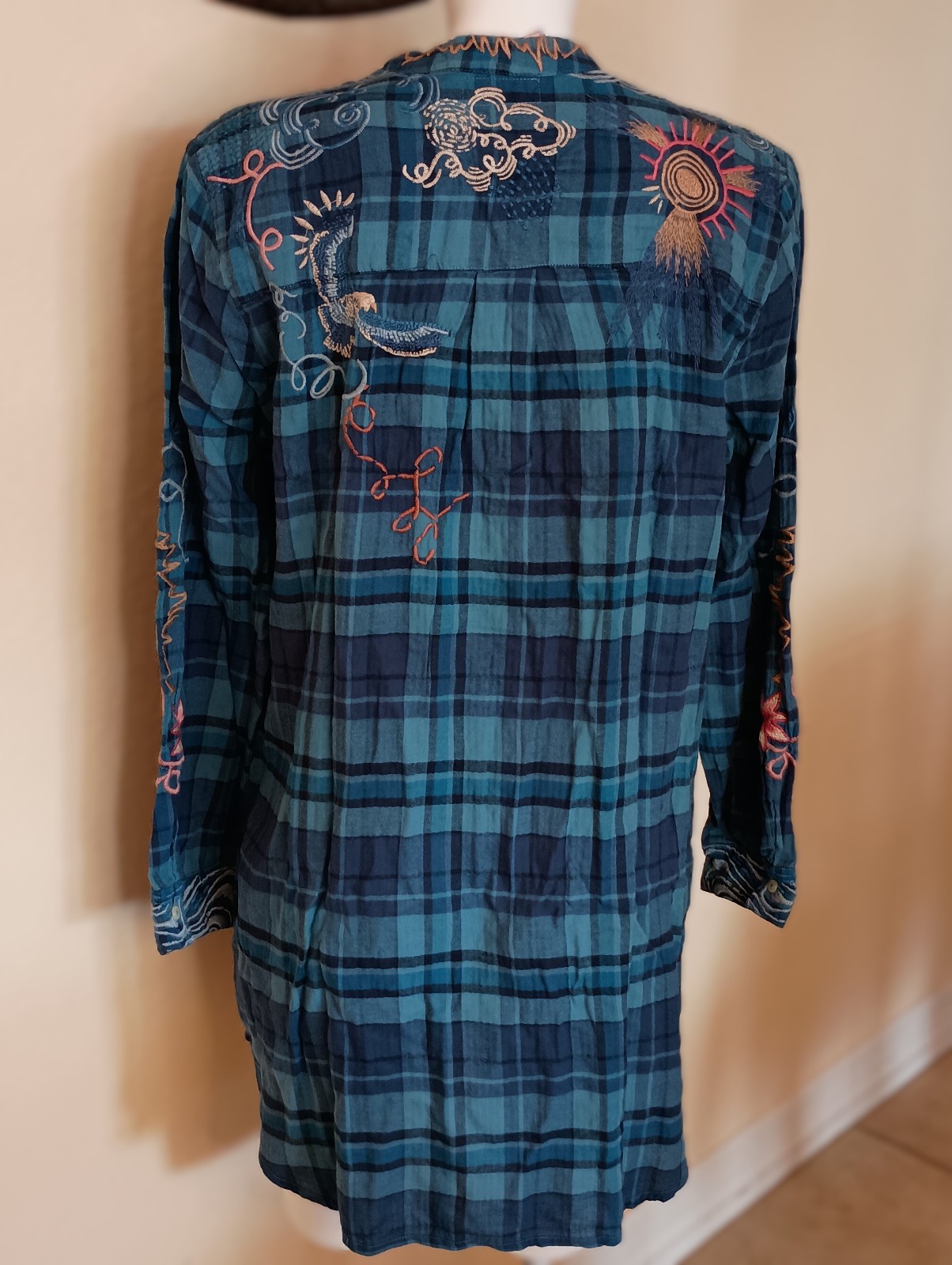 NWT JOHNNY WAS Blue Plaid Embroidered Carmen Henley Shirt Tunic Dress SZ M