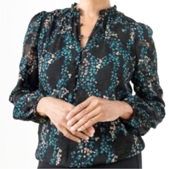 Tamara H. Floral Blouse Ruffle Neck Long Sleeve, Women L Black Teal
