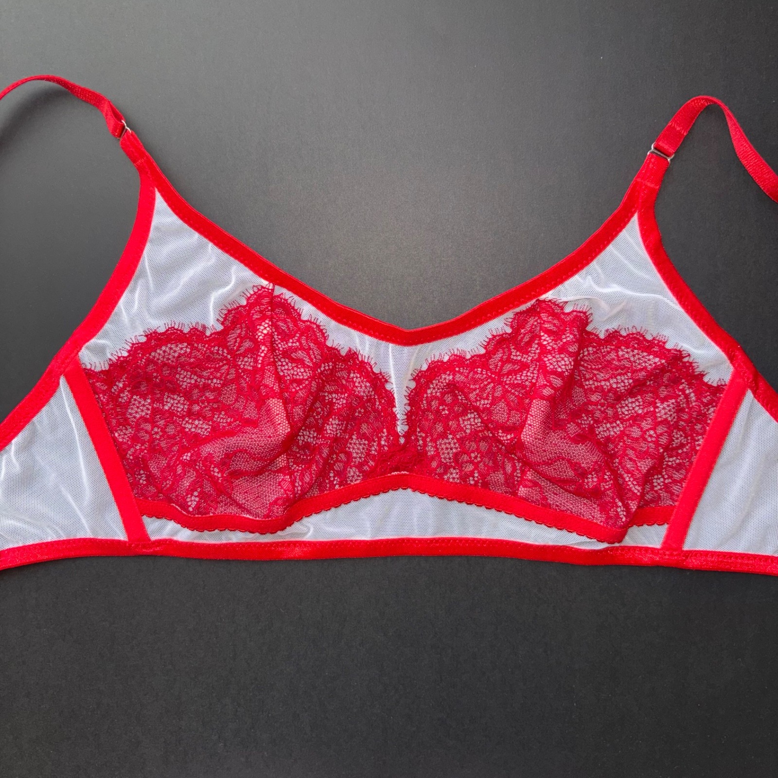 Handmade White Sheer Mesh Retro Red Chantilly Lace Bralette Bra Bustier 34B 32C