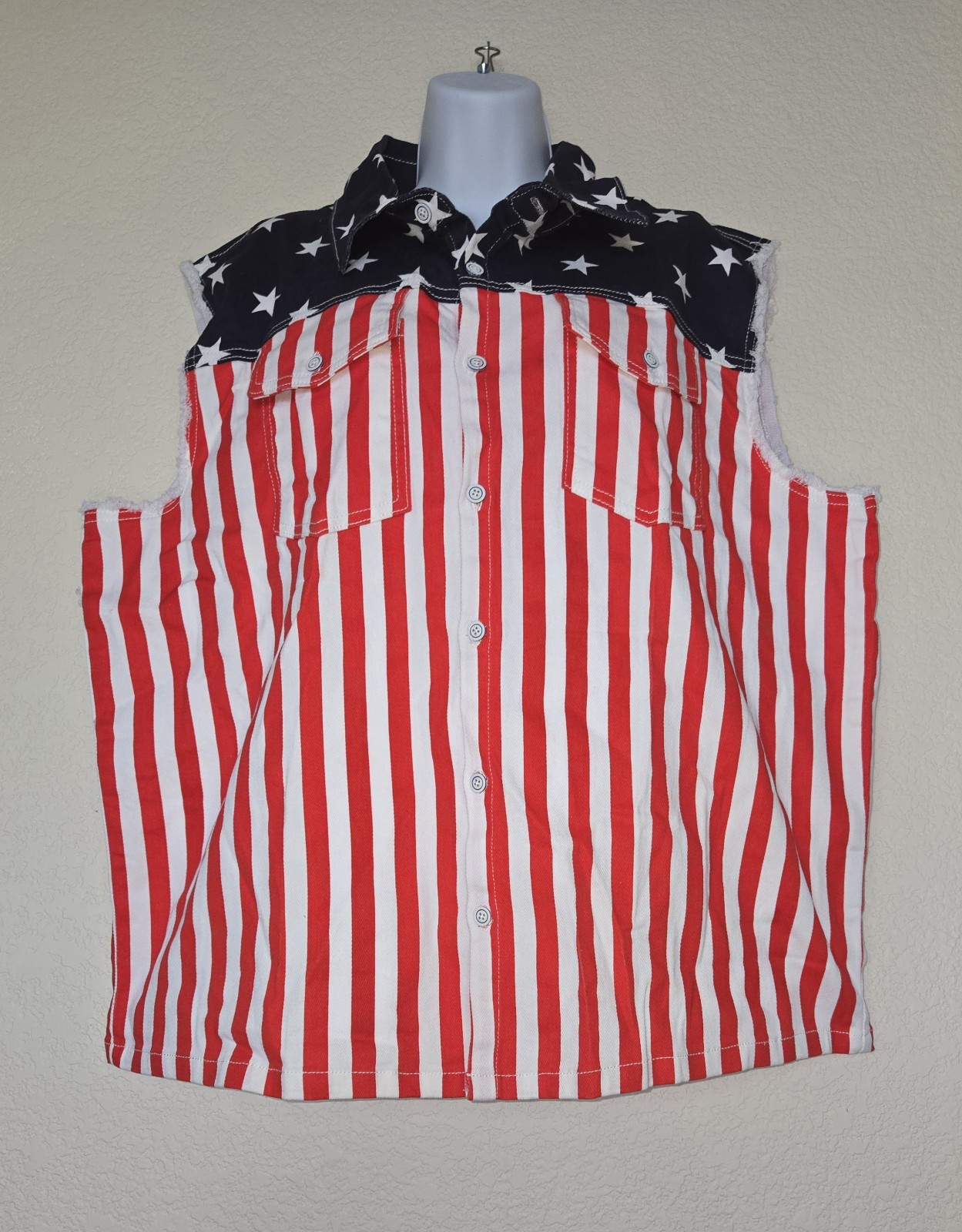 RED, WHITE & BLUE RIPPED STYLE SLEEVELESS DENIM SHIRT. BUTTON UP – WOMEN – XXL