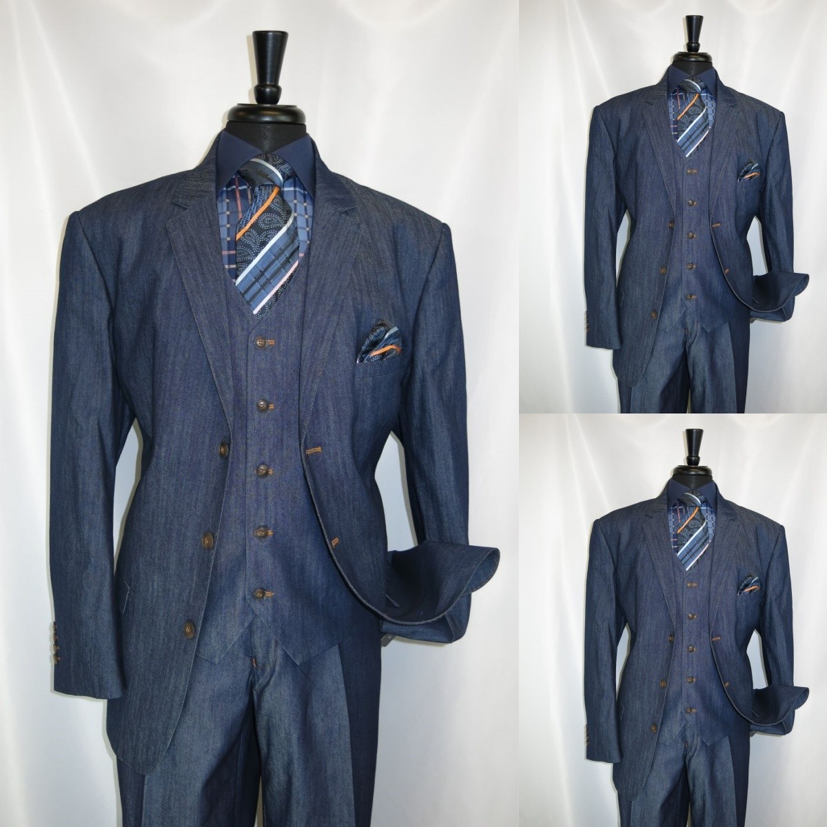 Denim Men’s Suits 3Pcs Casual Leisure Jacket Notch Lapel Business Workwear Coat