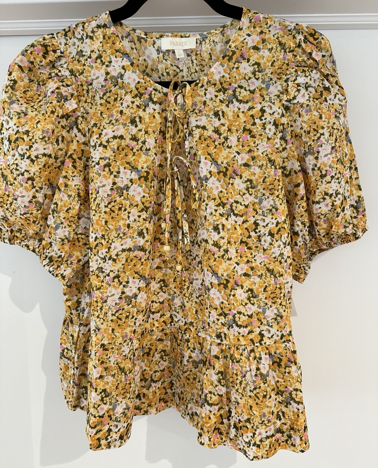 Parker Floral Cotton Peplum Blouse Size L NWT Puff Sleeve Tie Neck