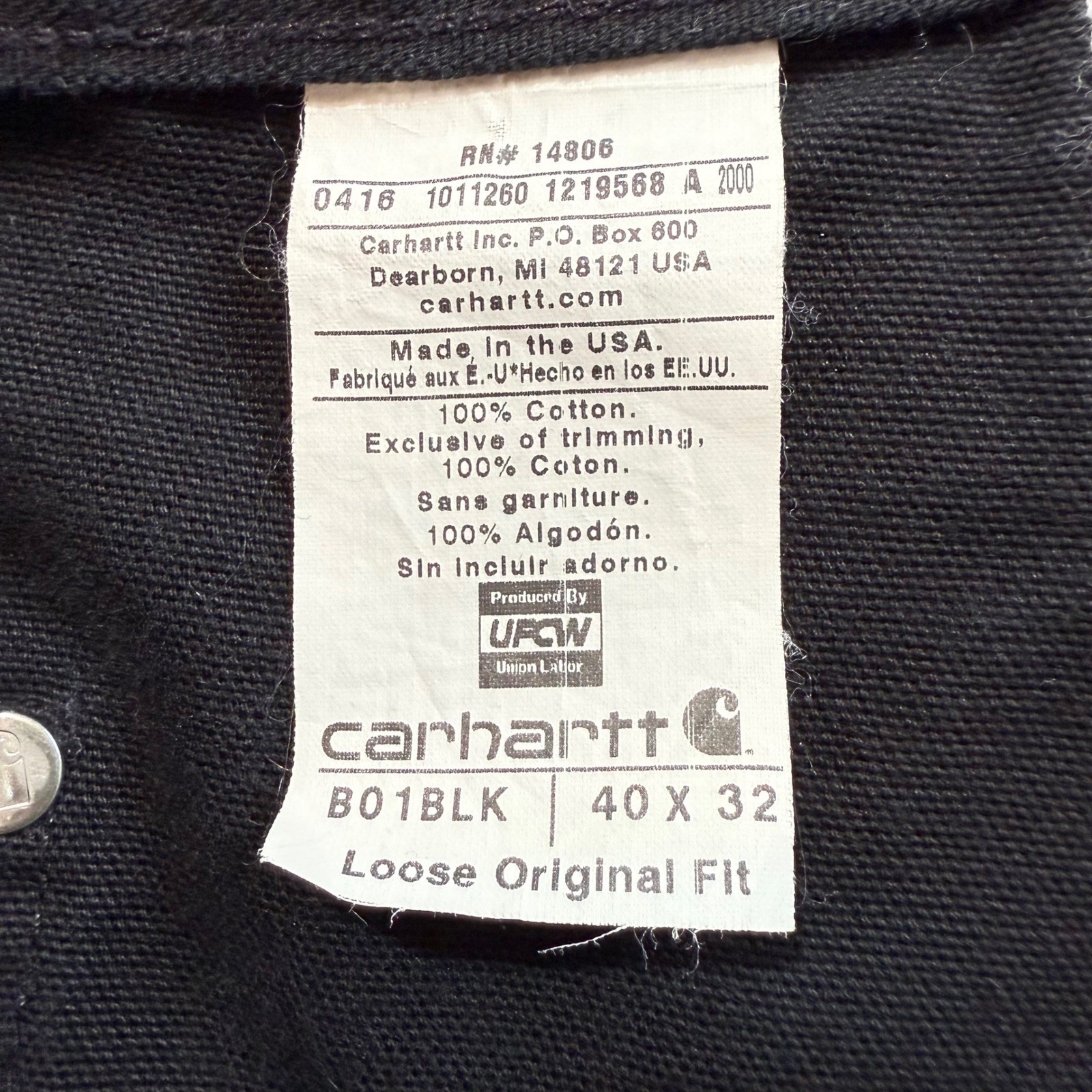 Carhartt B01BLK Double Front Work Pants Mens 40×32 Black Duck Canvas Made in USA
