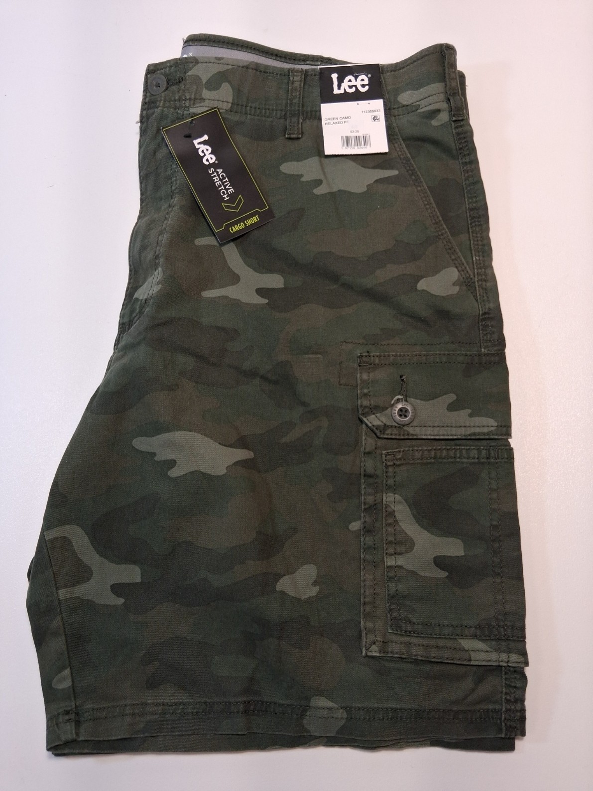 Lee Men’s Active Stretch Fabric Cargo Shorts Green Camo Flex Waistband, 40 New