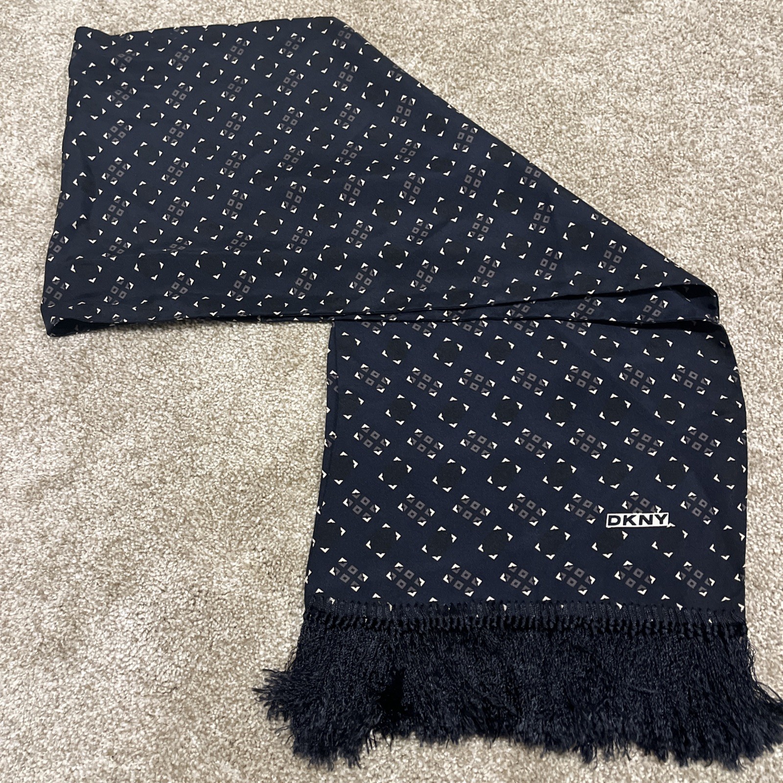 DKNY Donna Karan Geometric Navy Rectangle silk scarf 54”x 11” Fringed Made Korea