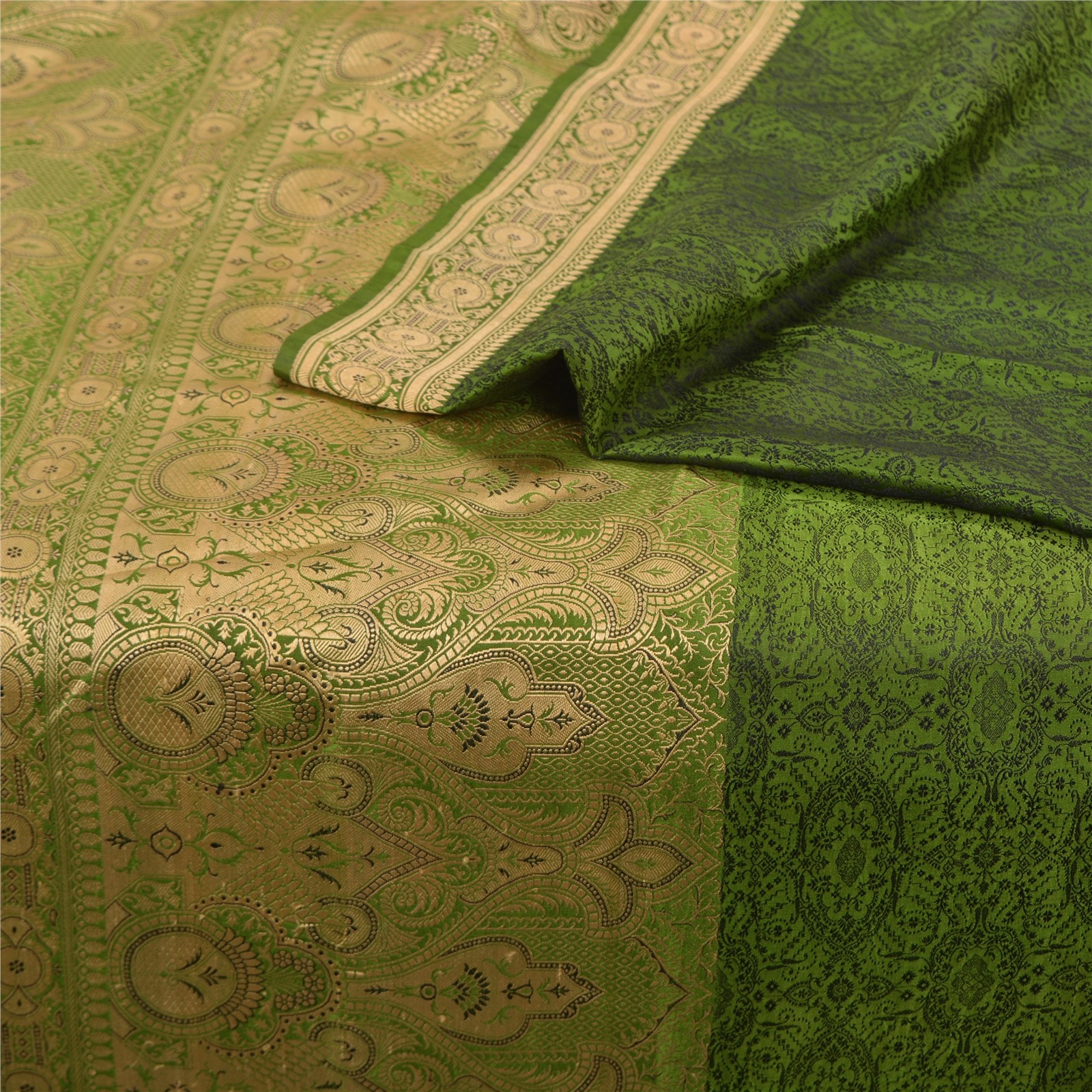 Sanskriti Vintage Green Indian Sarees Pure Satin Silk Woven Sari Yard Fabric