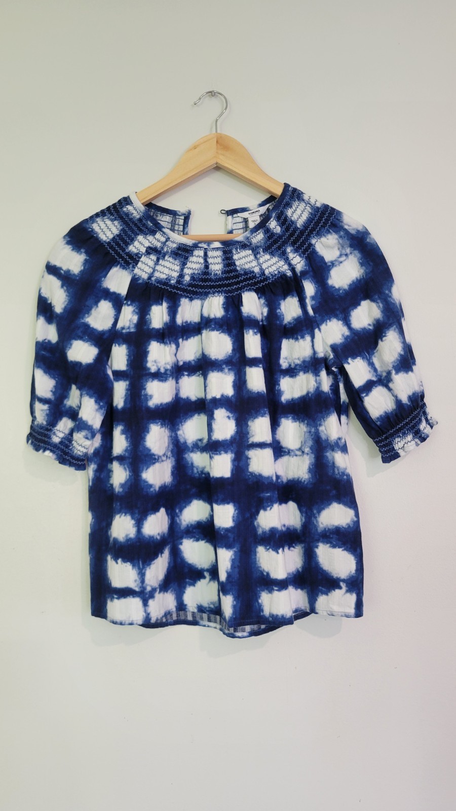 Women’s Sonoma Blue White Tie-Dye Blouse Round Neck 3/4 Sleeve Cotton Rayon S