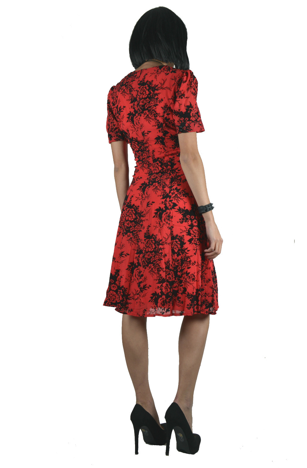 VOODOO VIXEN RETRO PIN UP 50s BRITANNY FLOCKED CHIFFON RED ROSE DRESS DRA8091