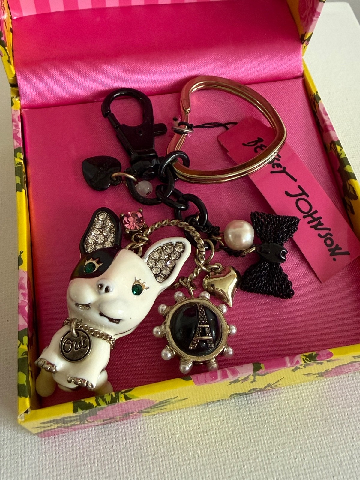 Rare Betsey Johnson Vintage Paris French Bulldog Keychain Bag Charm New In Box