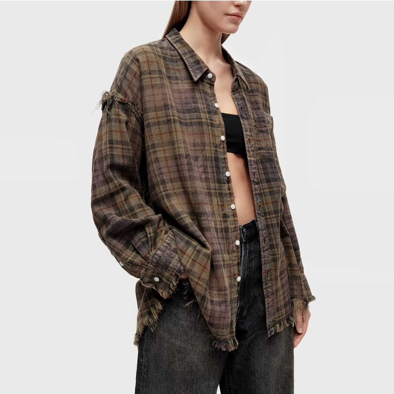 R13 Shredded Seam Drop Neck Shirt Teal and Navy Plaid Size XS
