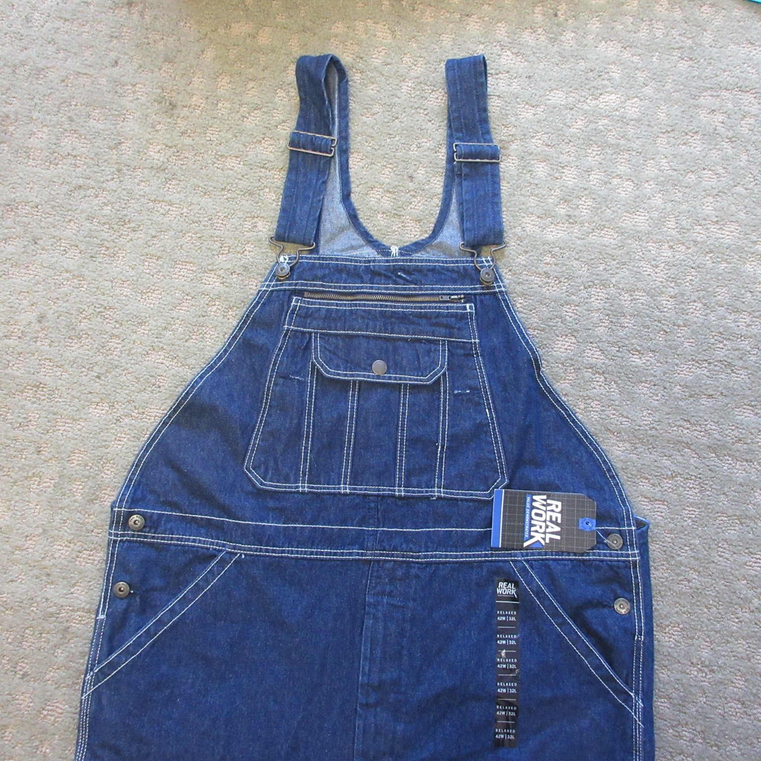 Real Work Men’s Denim Bib Overalls Carpenter Zip Fly Size 42×32 Relaxed Fit NWT