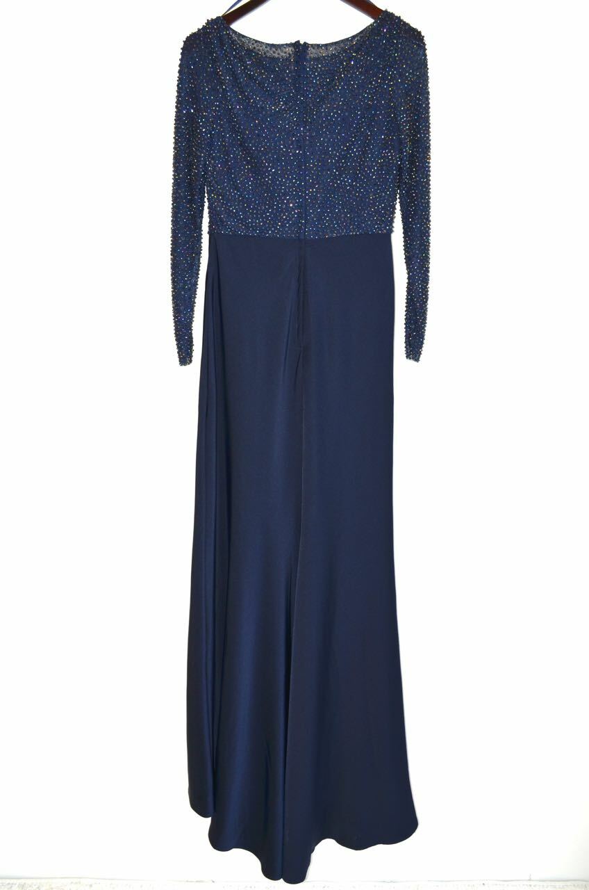 LA FEMME Navy Beaded Embellished Sheer Mesh Bodice Pleated Maxi Gown Dress 8 = M