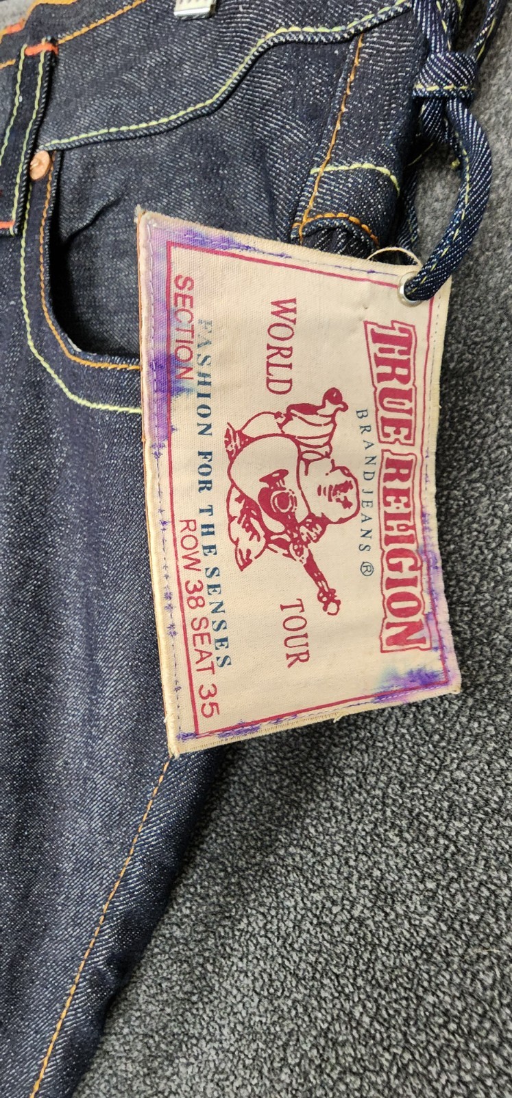 True Religion Joey Jeans Mens 38×35 Made in USA Dragon Embroidered Flare Raw Y2K