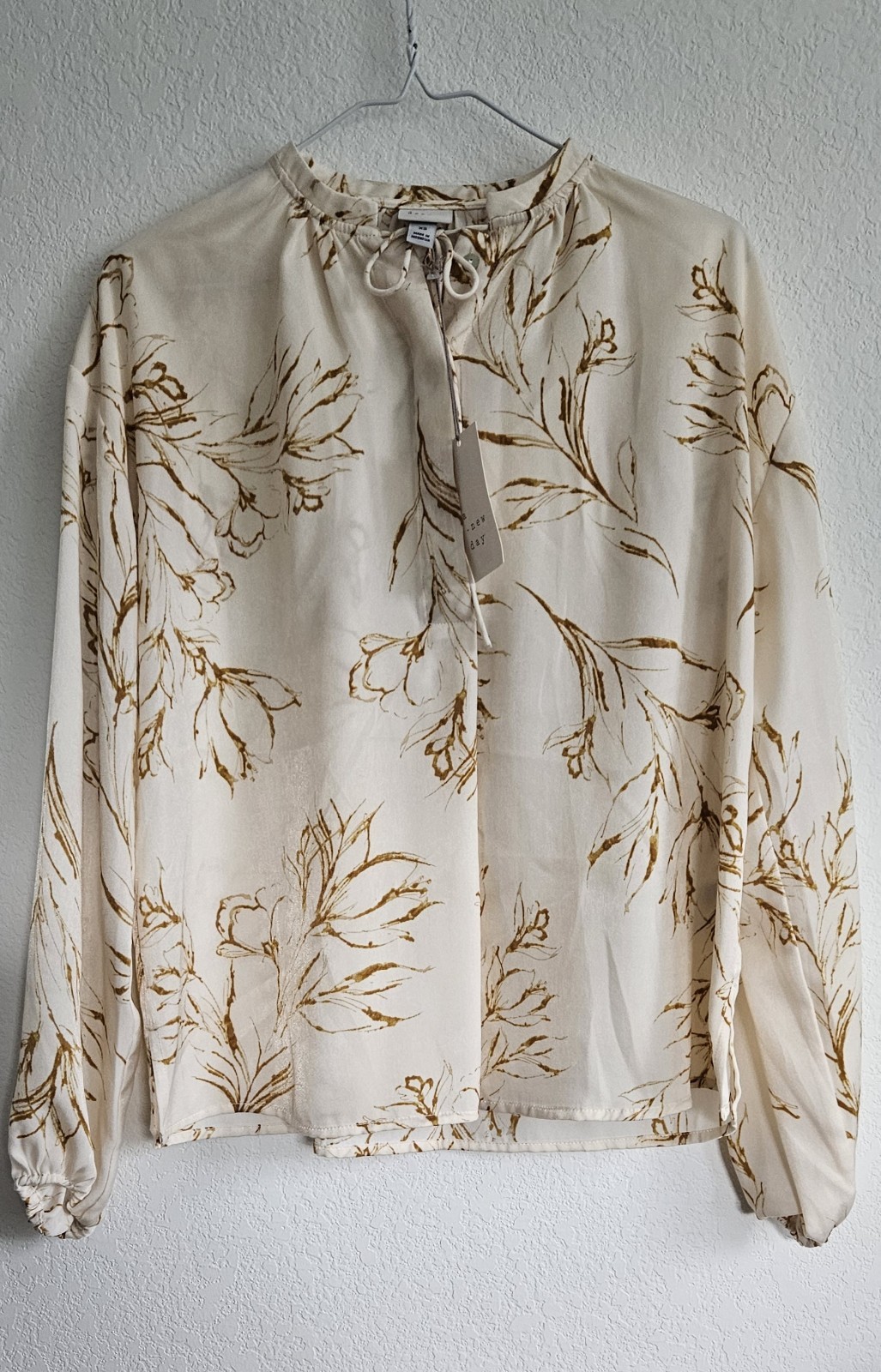 A New Day Women’s XS Long Sleeve Cream Brown Bronze Boho Blouse