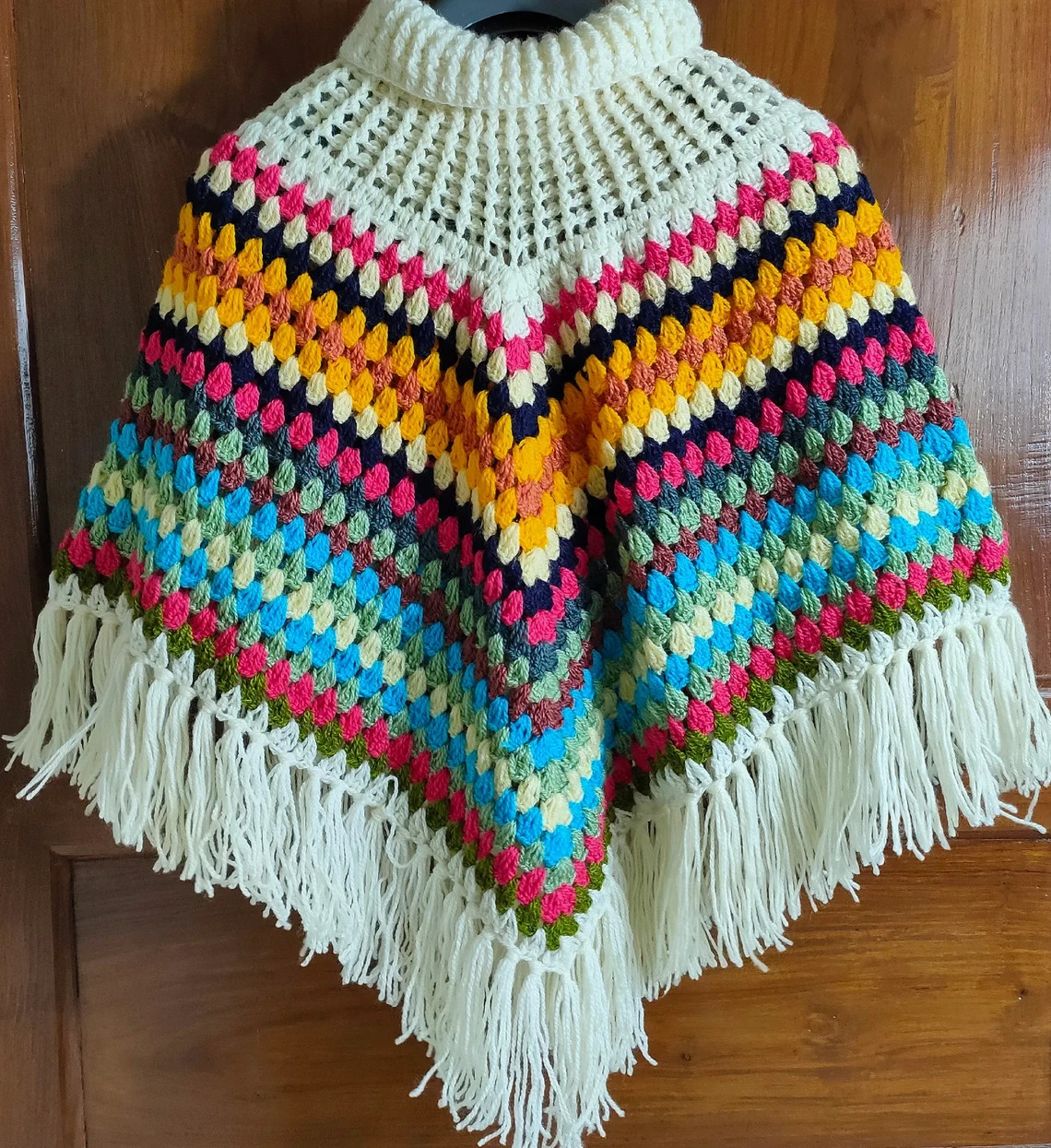 Handmade Alpaca Boho Poncho Autumn Colors Vintage Style Warm Cozy Cape Wrap