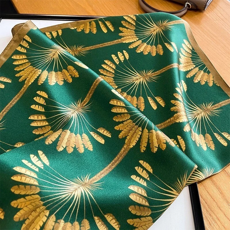 100% Silk Square Scarf Women Green Golden Wheat Kerchief Headscarf Tied 68*68cm