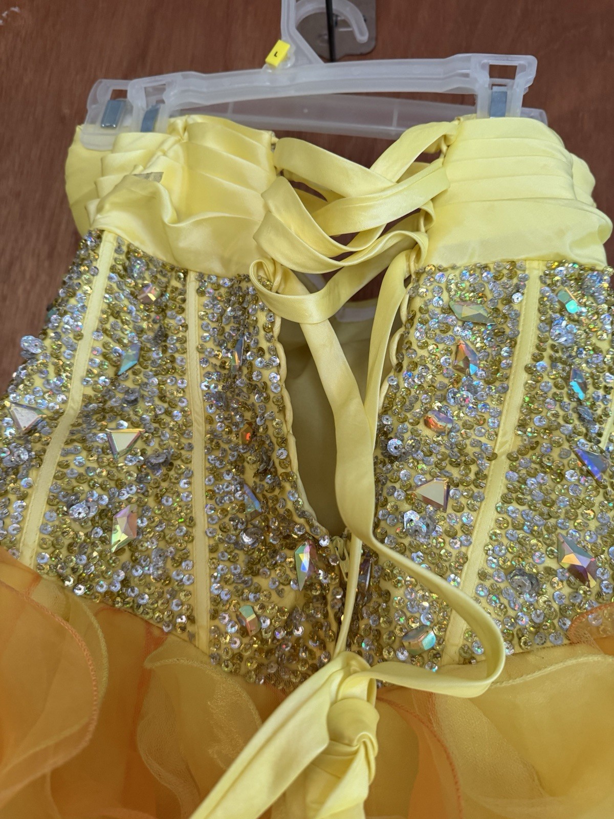 Alyce Paris Yellow Strapless Beaded Sequin Organza Corset Ballgown 14