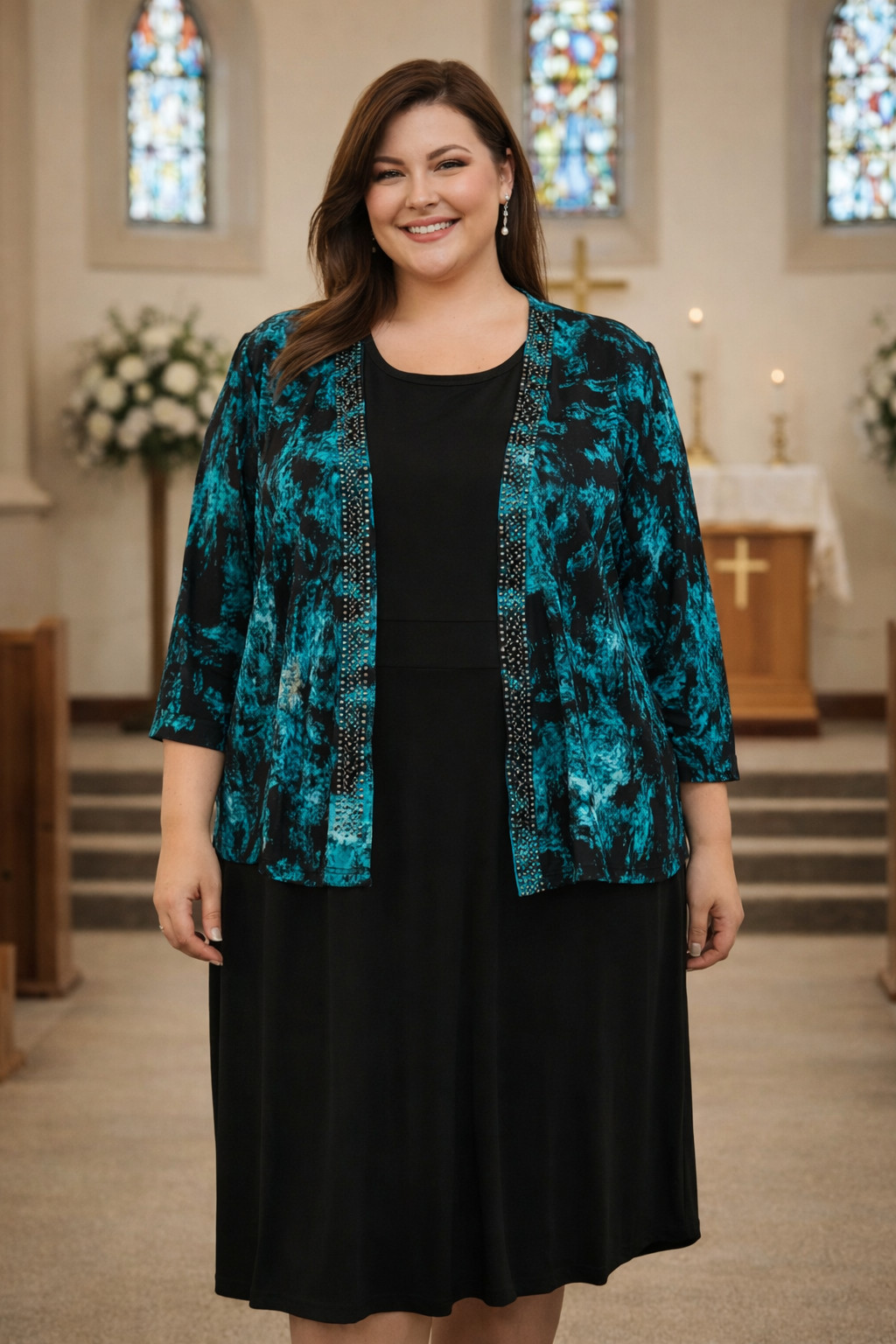 Catherines 3X 26/28W 2-Piece Dress & Jacket Set Teal Black Embellished Plus Size