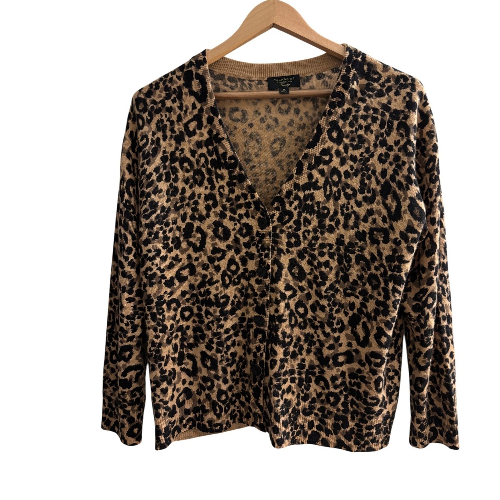 Charter Club Luxury 100% Cashmere Leopard Print Cardigan Sweater Tan XL