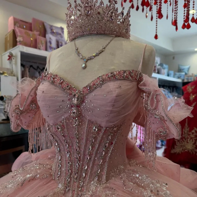 Pink Shiny Quinceanera Dress with Off Shoulder Applique Bow Chiffon Ball Gown