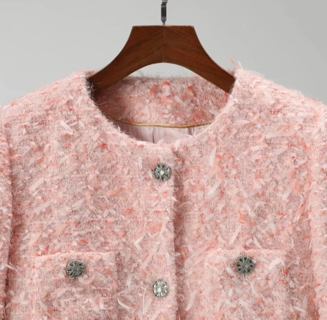 Handmade tweed boucle Pink jacket With Fluffy Knitted Fringes Size M,L,XL,XXL