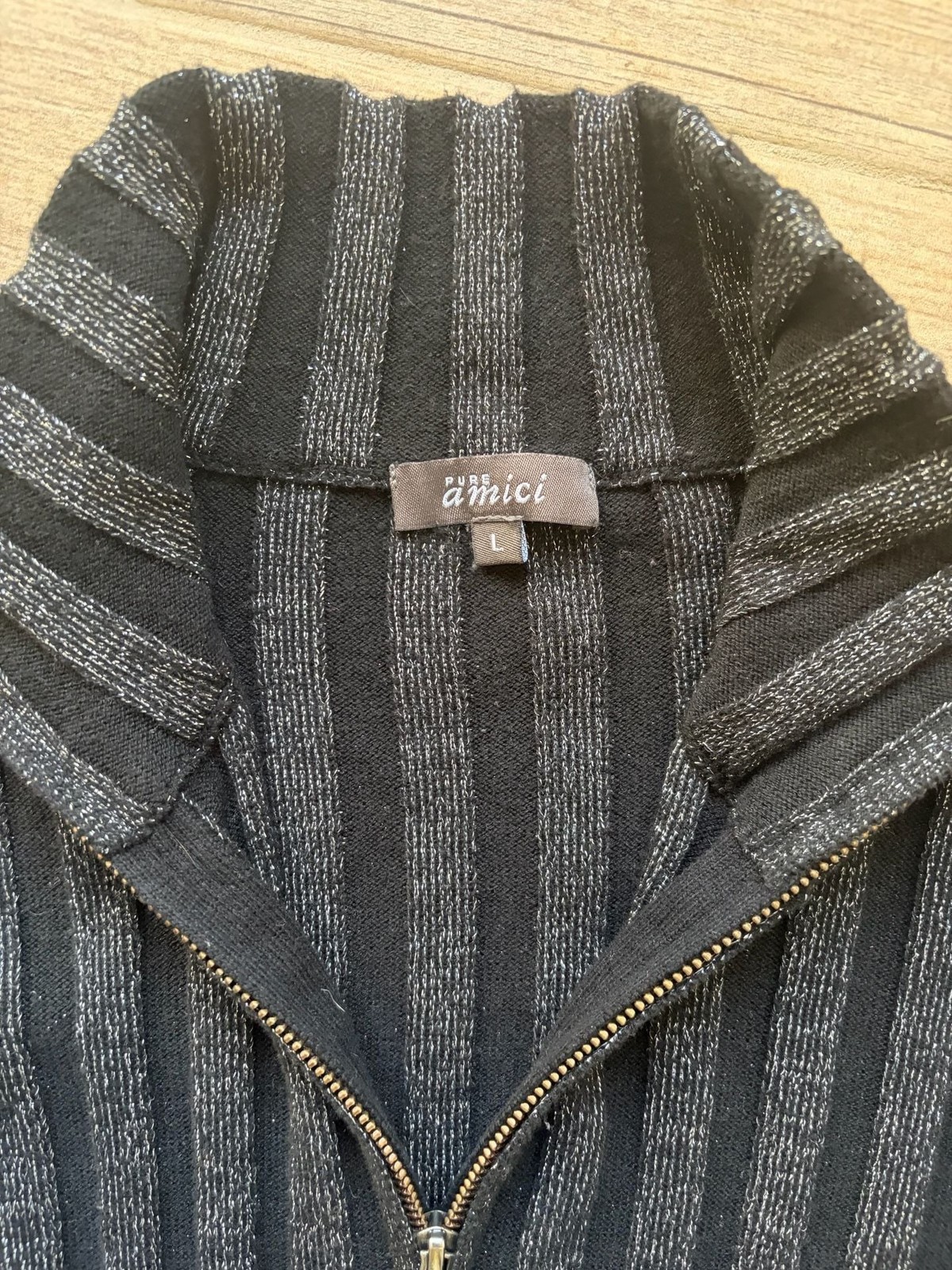 Pure Amici Metallic Silver and Black Ribbed Full-Zip Mock Neck Sweater