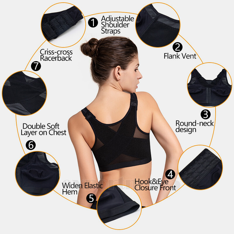 Women’s Front Closure Posture Wireless Back Support Full Coverage Bra Wide Strap
